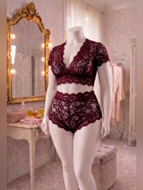 Avidlove Floral Lace Scallop Trim Lingerie Set – Size 14W SANGRIA RED